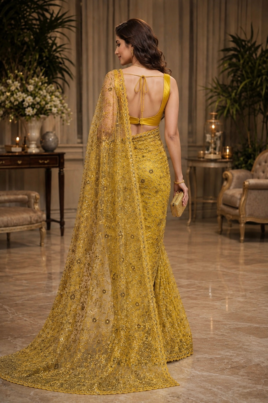 Sequenced Golden Net Saree
