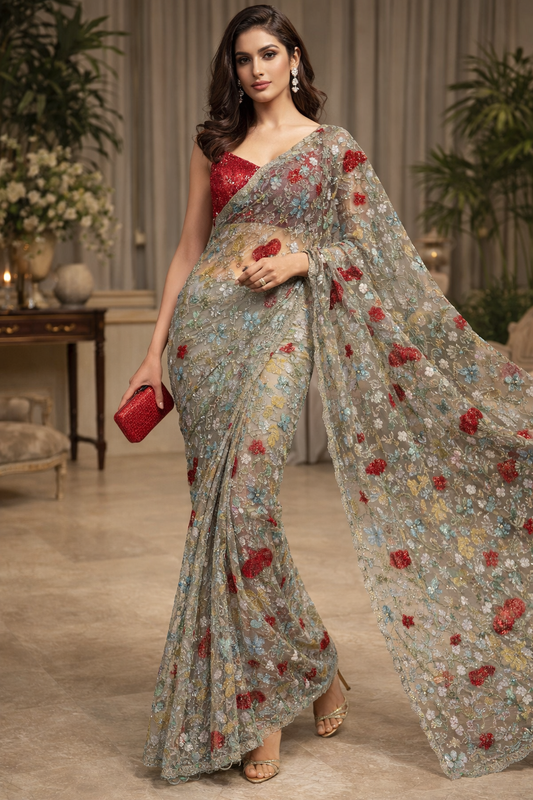 Scarlet Meadow Net Saree