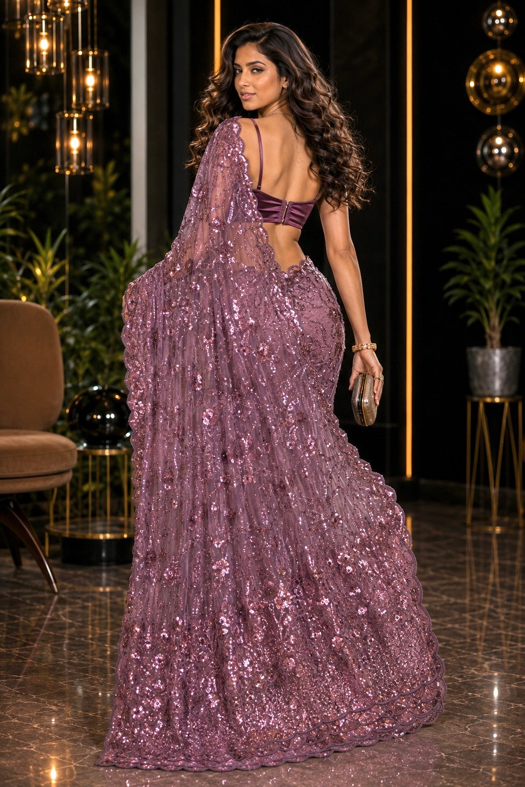 Rosewood Plum Luxe Net Saree