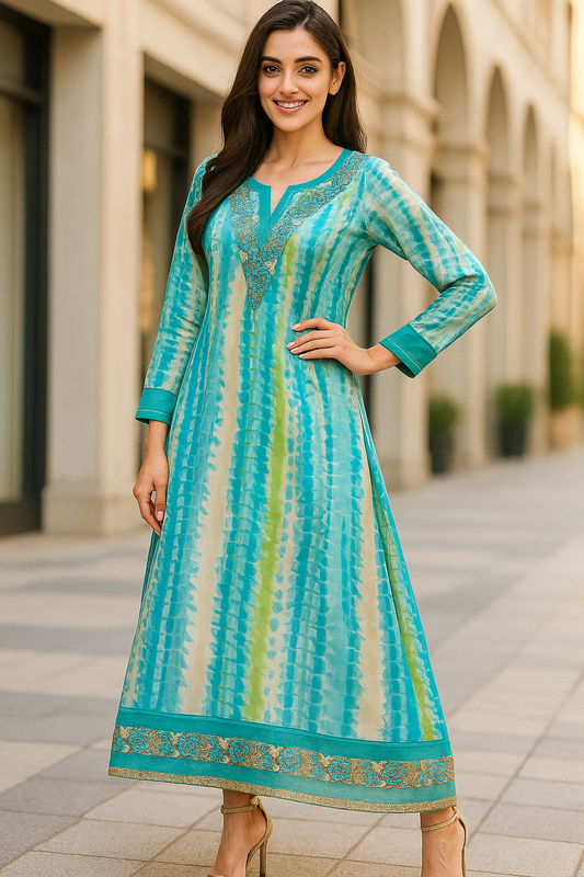 Aqua Blue Floor Length Pure Silk Pakistani Style Kurta Gown