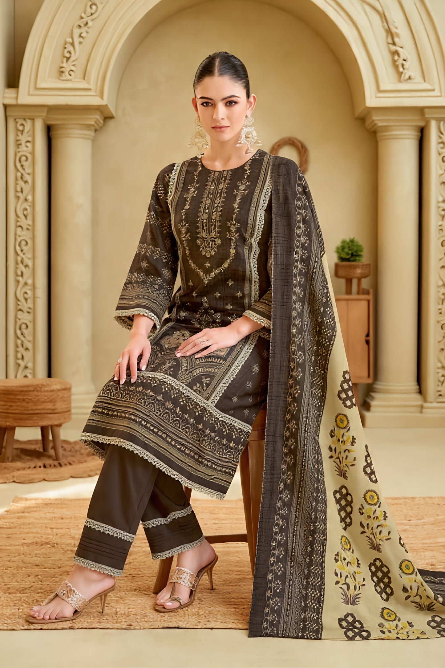Mocha Majesty Unstitched Pakistani Suit Set