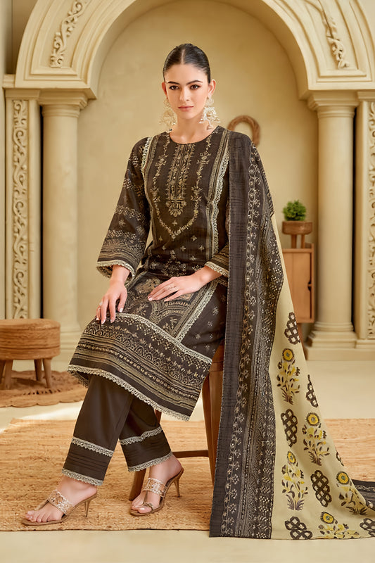 Mocha Majesty Unstitched Pakistani Suit Set