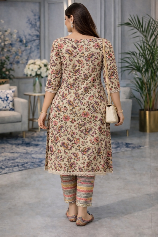 Beige Cotton Kurta Set