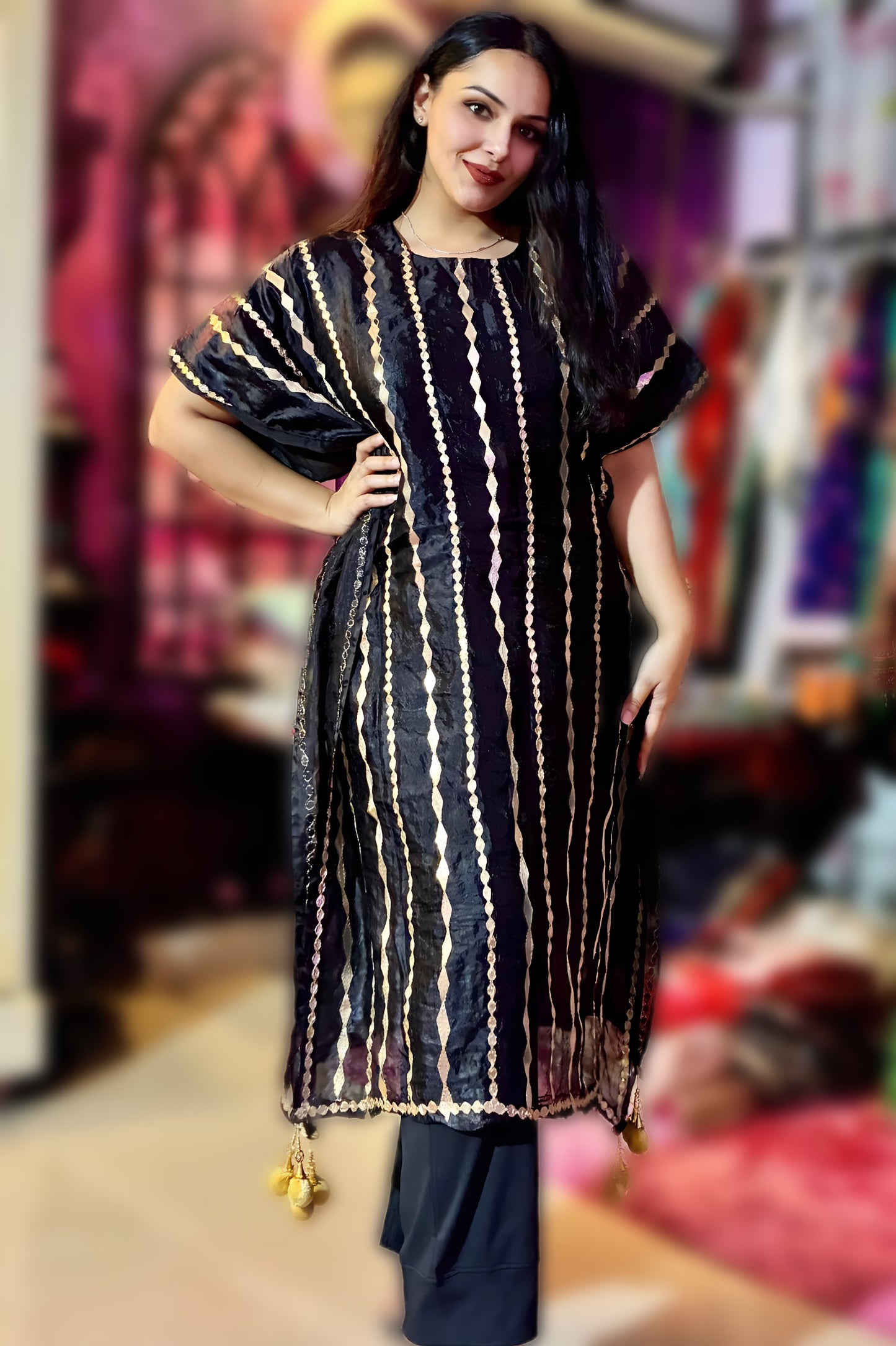 Zarmina Sequin Striped Organza Kaftan