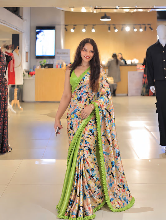 Neon Elysian Bloom Ready-to-Wear Satin Saree
