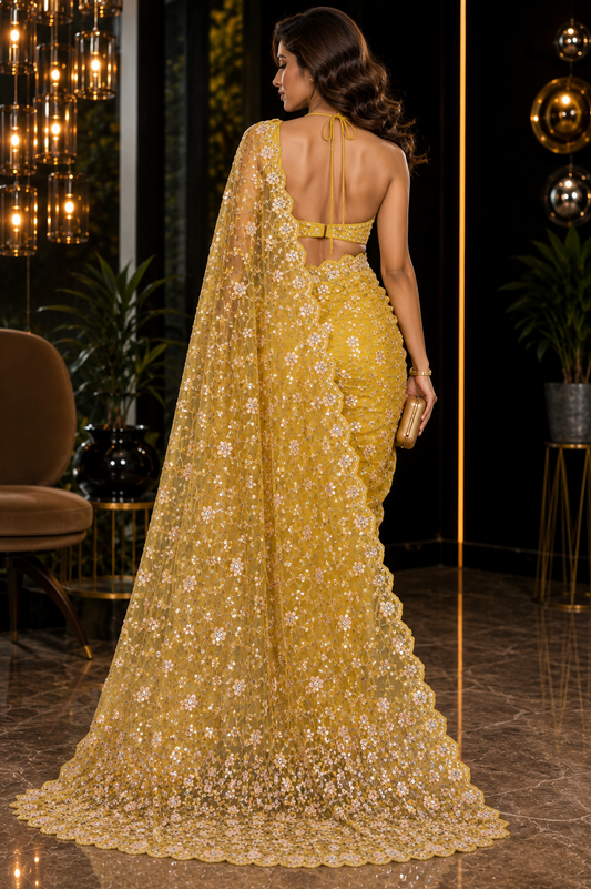 Sunflower Bloom Luxe Net Saree