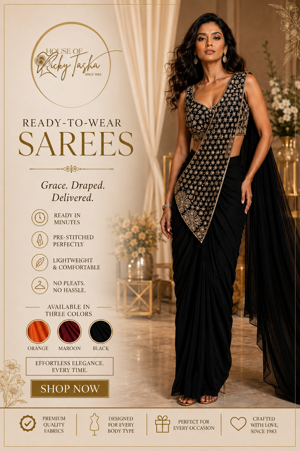 Saffron Embroidered Ready-to-Wear Saree with Stitched Blouse