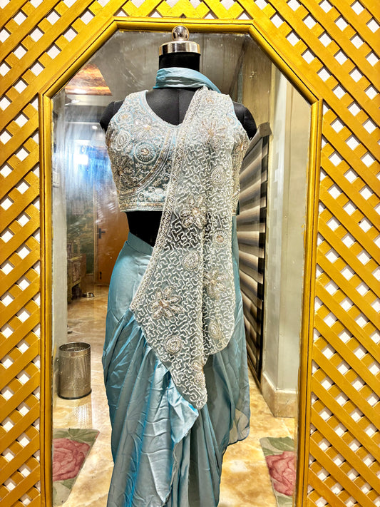 Powder Blue Royale Ready-to-Wear Satin Saree with Pre-stitched Designer Blouse