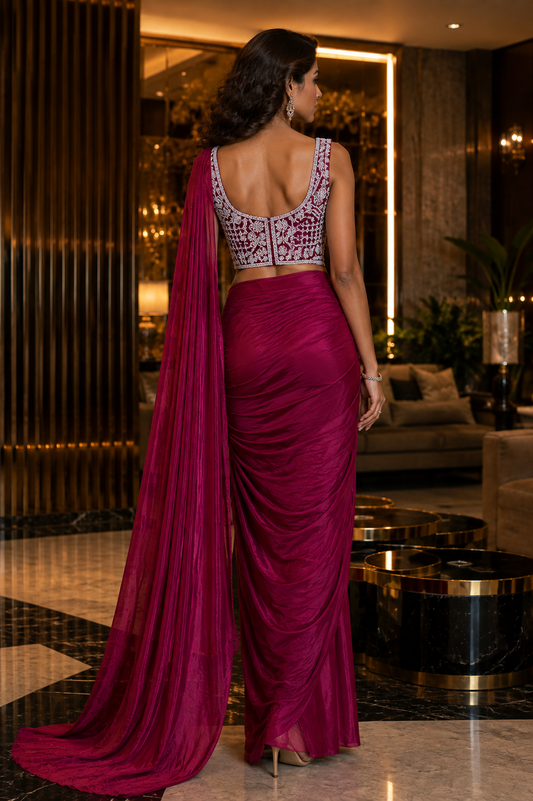 Fuscia Embroidered Ready-to-Wear Saree with Pre-stitched Blouse