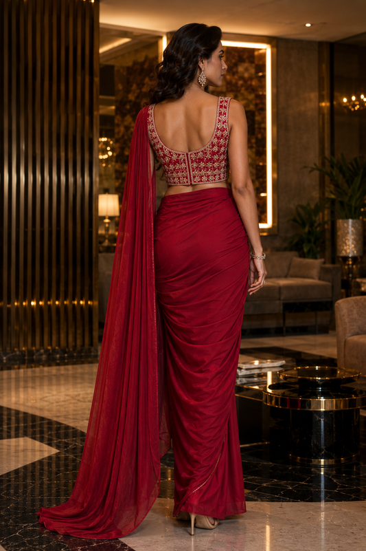 Crimson Embroidered Ready-to-Wear Saree with Stitched Blouse