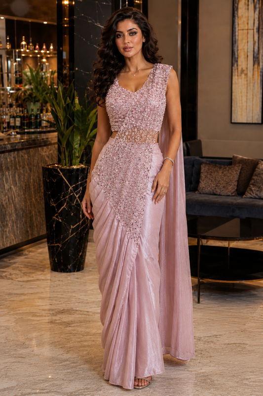 Blush Sandwash Shimmer Silk Ready-to-Wear Saree with Pre-stitched Blouse