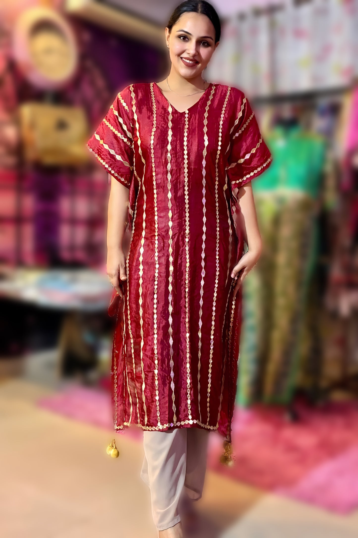 Zarmina Sequin Striped Organza Kaftan Set