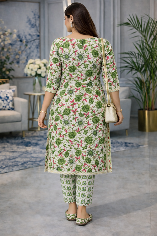 Green Floral Cotton Kurta Set