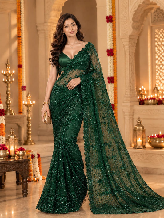 Emerald Bloom Luxe Net Saree