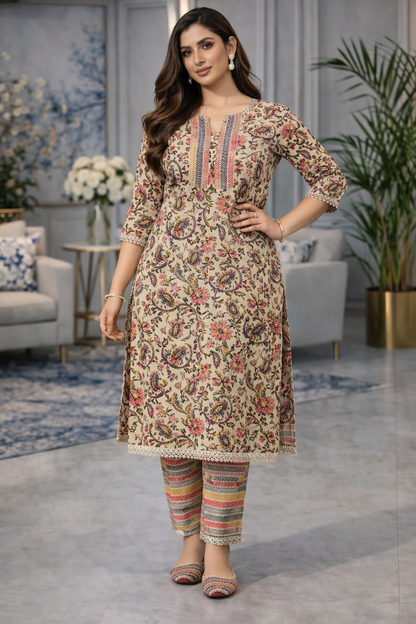 Beige Cotton Kurta Set