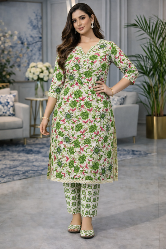 Green Floral Cotton Kurta Set