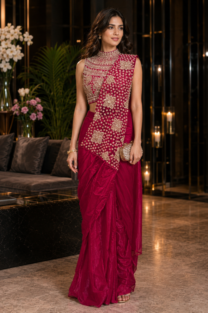 Ruby Royale Ready-to-Wear Satin Saree with Pre-stitched Designer Blouse