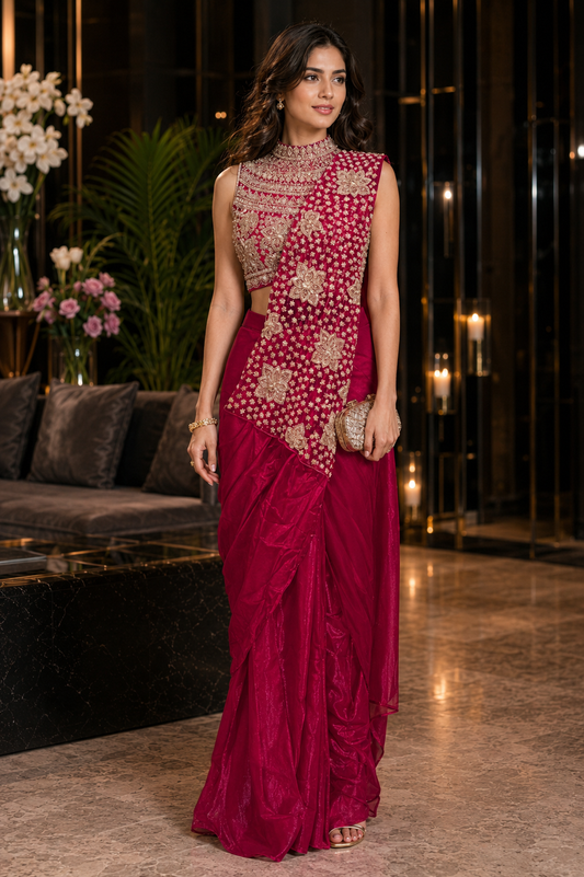 Ruby Royale Ready-to-Wear Satin Saree with Pre-stitched Designer Blouse