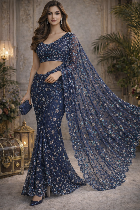 Midnight Bloom Luxe Net Saree