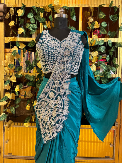 Peacock Embroidered Ready-to-Wear Saree with Pre-stitched Blouse