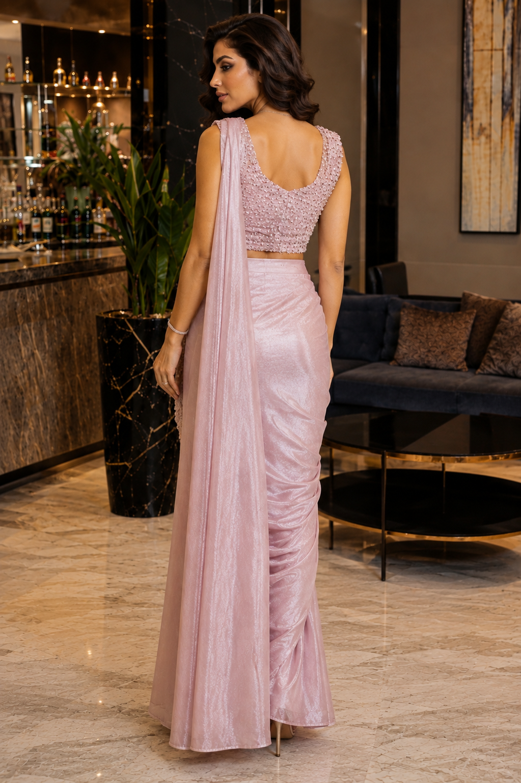 Blush Sandwash Shimmer Silk Ready-to-Wear Saree with Pre-stitched Blouse