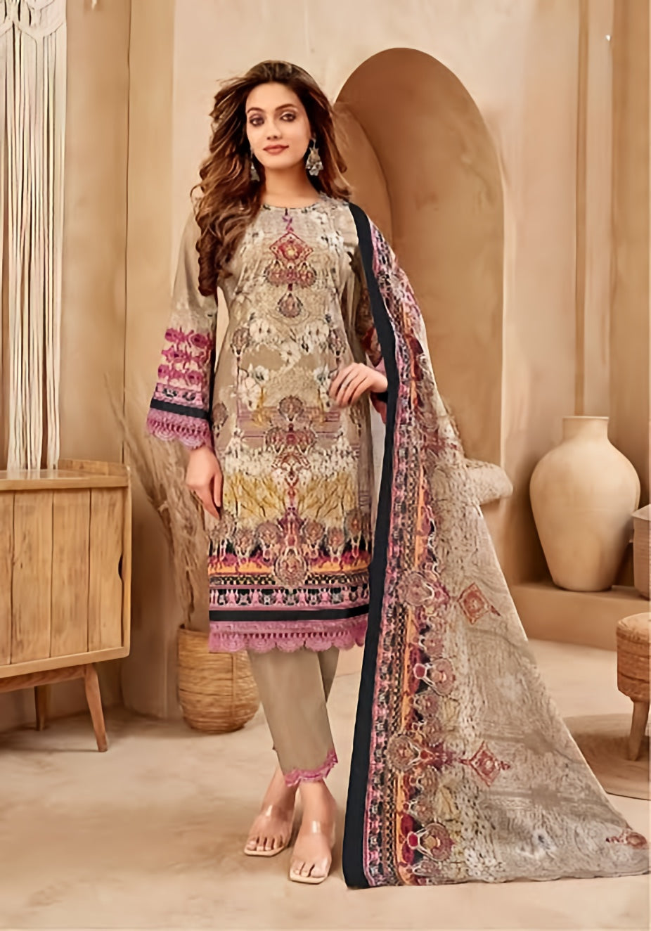 Haya Beige Elegance | Lawn Cotton Pakistani Suit Set