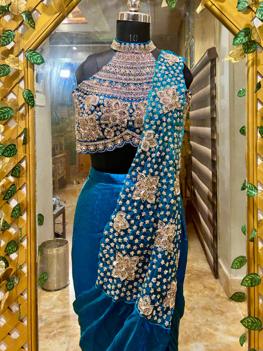 Sapphire Majesty Ready-to-Wear Satin Saree with Pre-stitched Designer Blouse