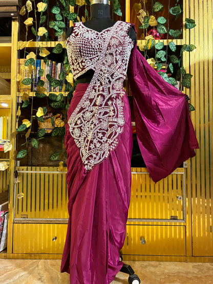 Fuscia Embroidered Ready-to-Wear Saree with Pre-stitched Blouse