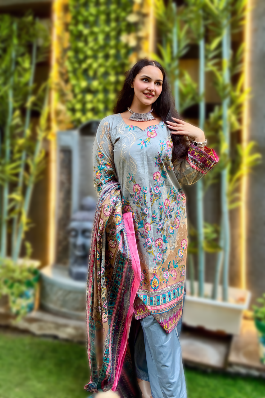 Aira Silver Bloom | Lawn Cotton Pakistani Suit Set