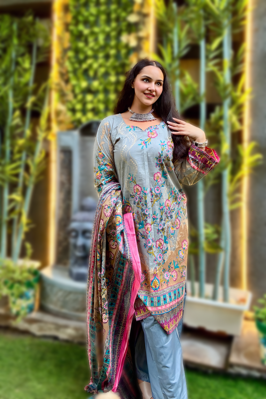 Aira Silver Bloom | Lawn Cotton Pakistani Suit Set