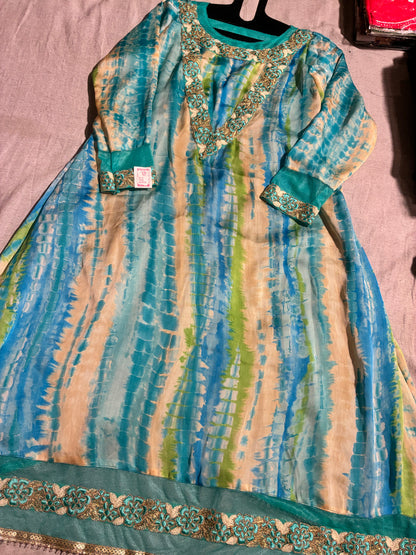 Aqua Blue Floor Length Pure Silk Pakistani Style Kurta Gown