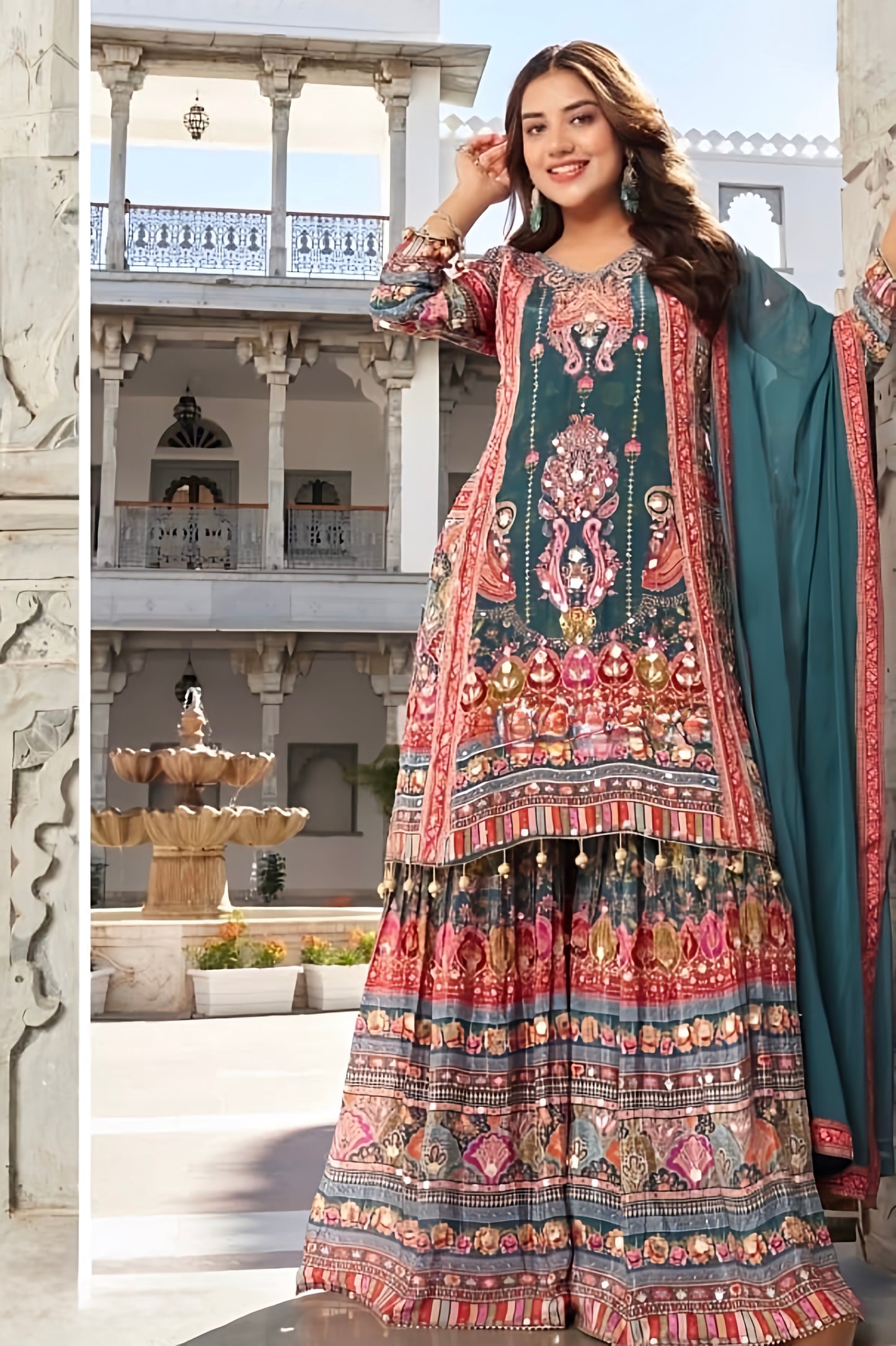 Aarvi Teal Mughal Printed Sharara Set