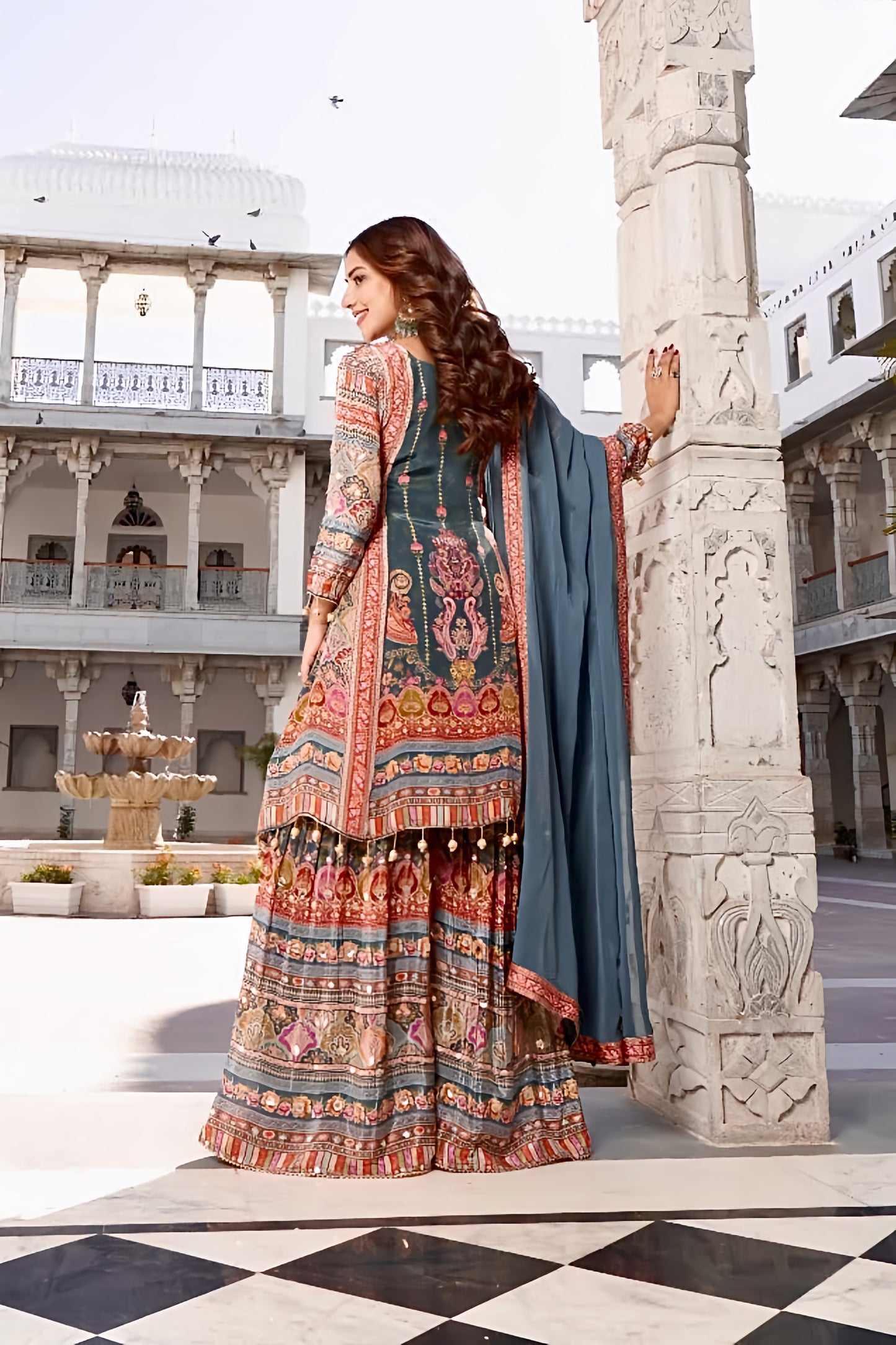 Aarvi Teal Mughal Printed Sharara Set