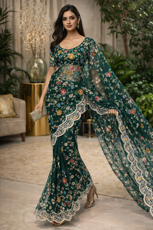 Midnight Garden Embroidered Net Saree