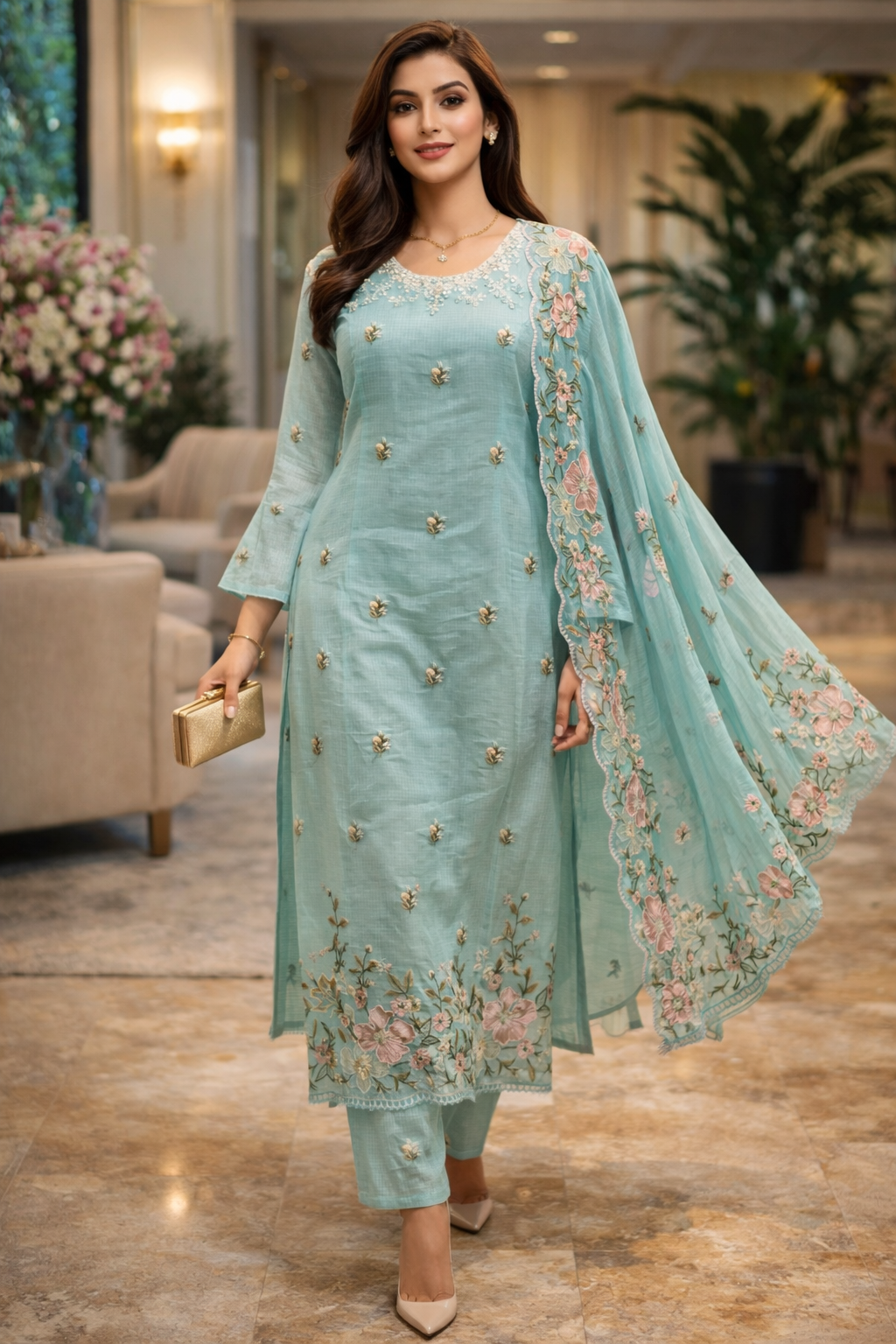 Fleur Mist Kota Doria Embroidered Suit Set