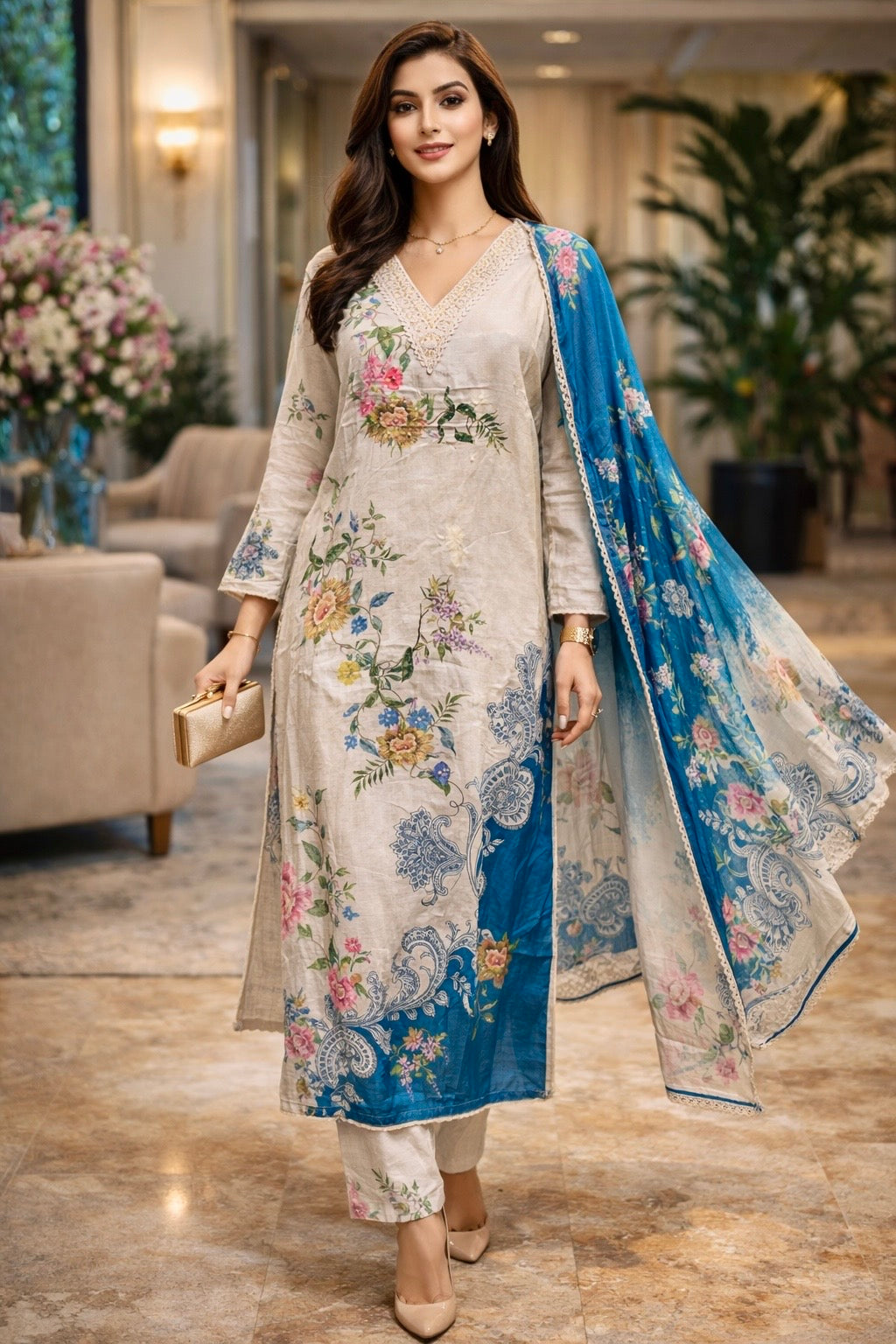 Azure Bloom Mulmul Suit Set