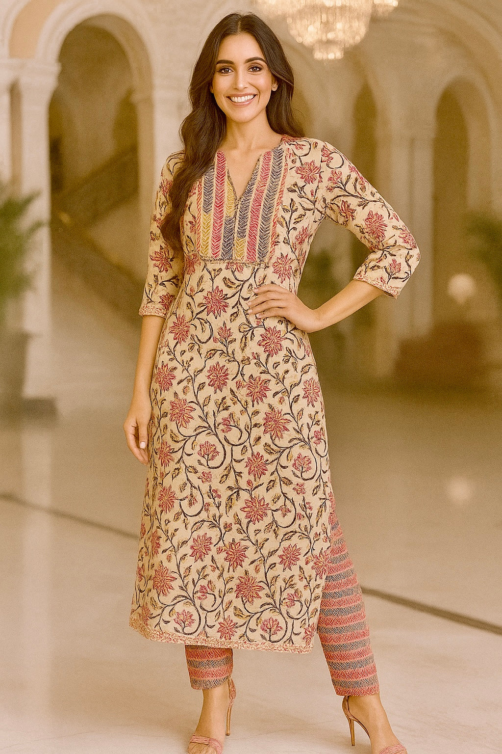 Beige Cotton Kurta Set