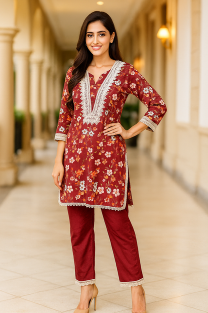 Crimson Lace Cotton Rayon Co-ord Set