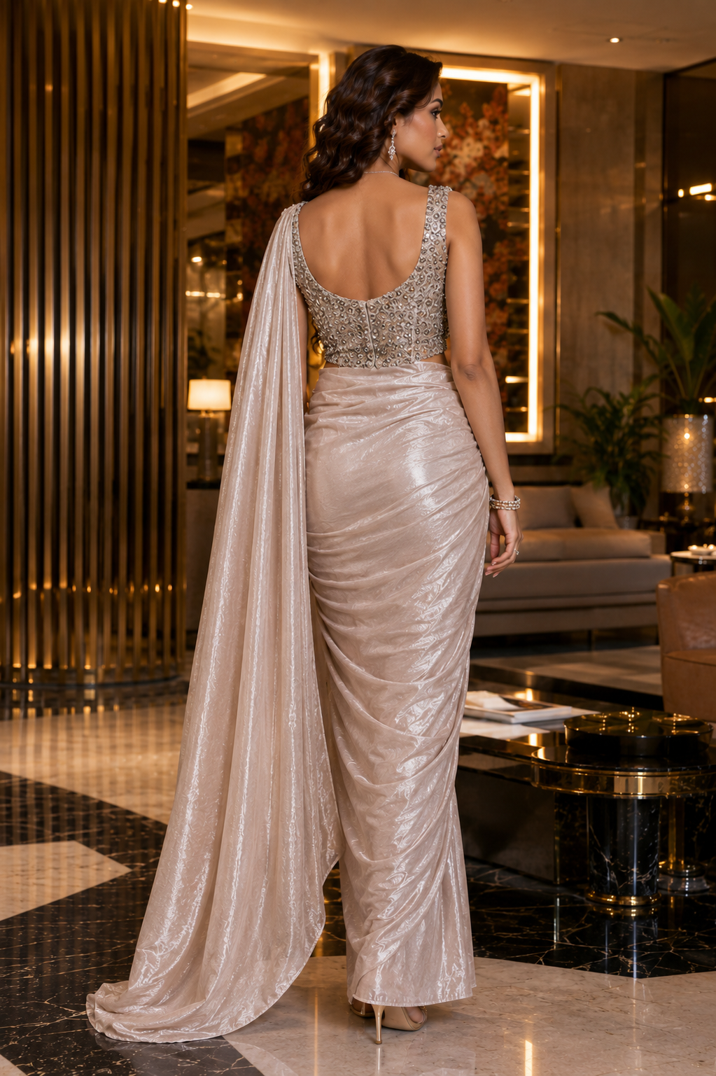 Champagne Sandwash Shimmer Silk Ready-to-Wear Saree with Pre-stitched Blouse