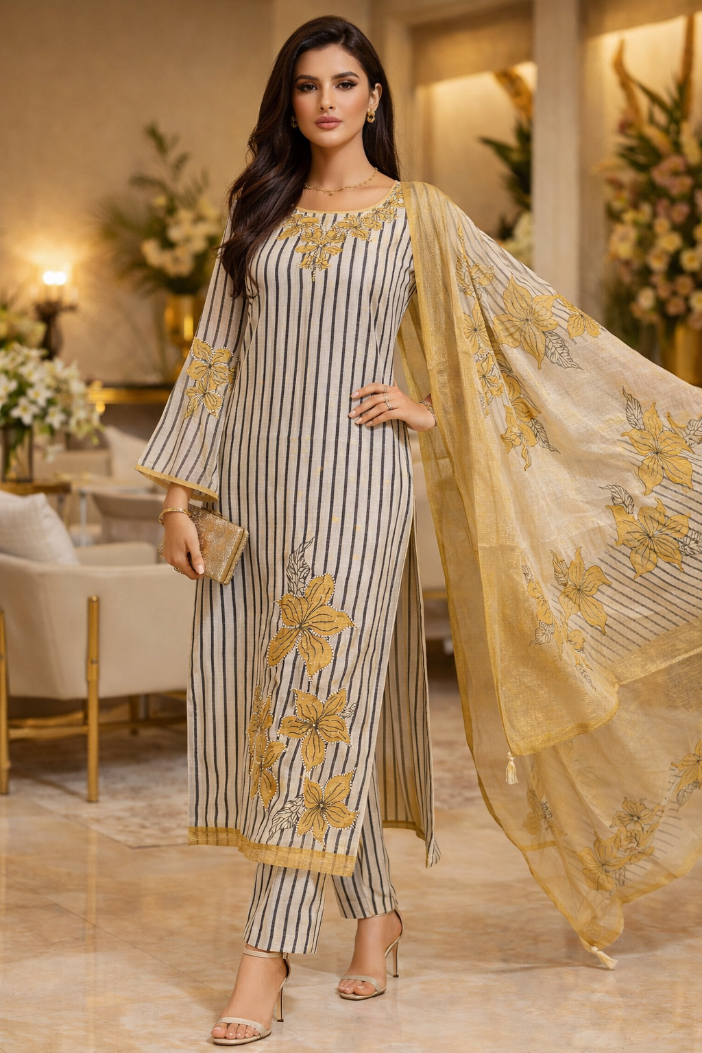 Sunstripe Blossom Kota Doria Suit Set
