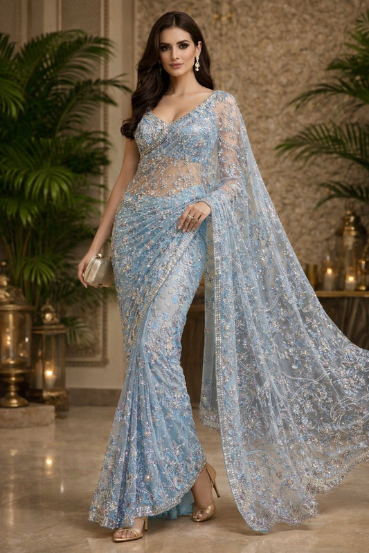 Frosted Bloom Luxe Net Saree