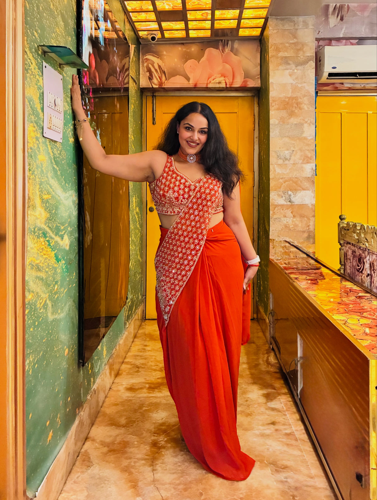 Saffron Embroidered Ready-to-Wear Saree with Stitched Blouse