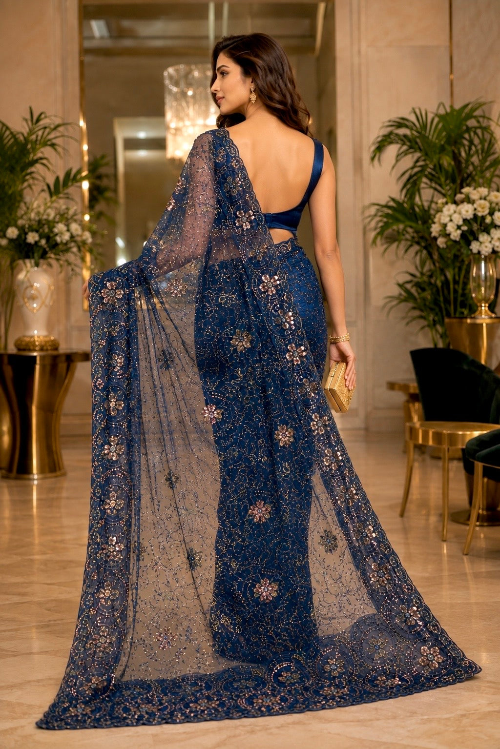Midnight Bloom Luxe Net Saree