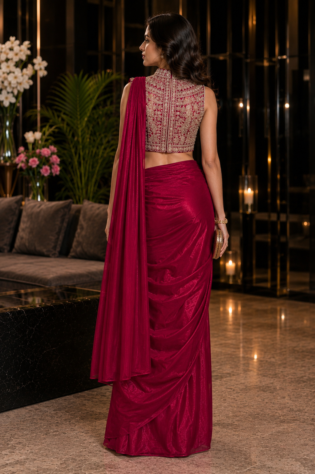Ruby Royale Ready-to-Wear Satin Saree with Pre-stitched Designer Blouse