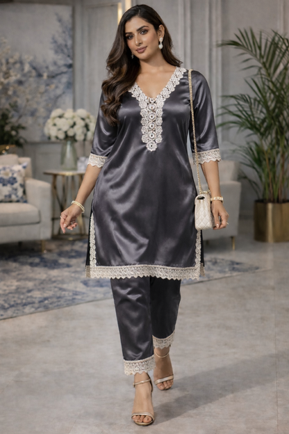 Charcoal Grace Satin Co-ord Set