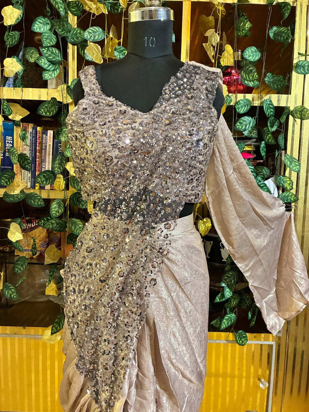 Champagne Sandwash Shimmer Silk Ready-to-Wear Saree with Pre-stitched Blouse