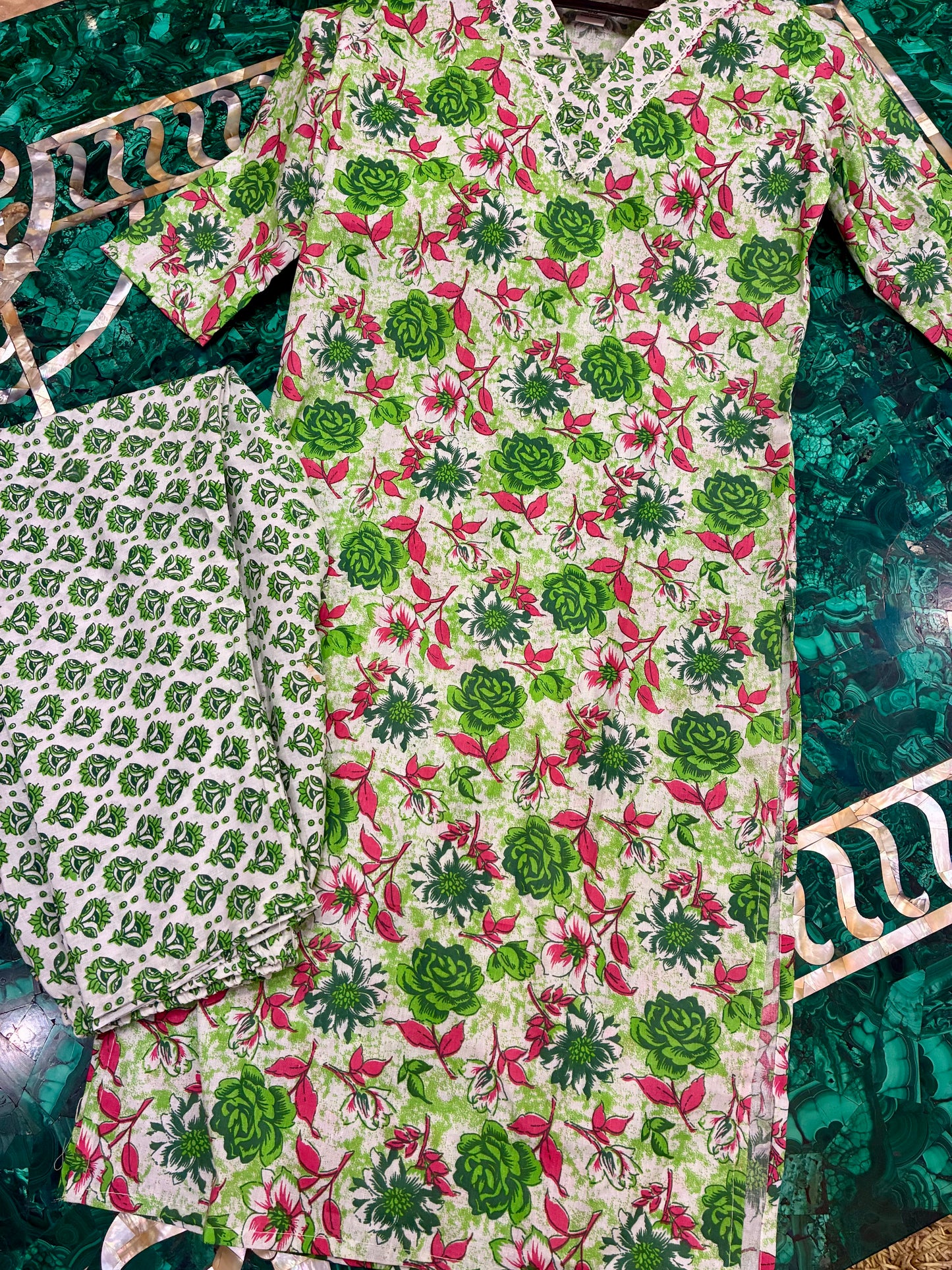 Green Floral Cotton Kurta Set