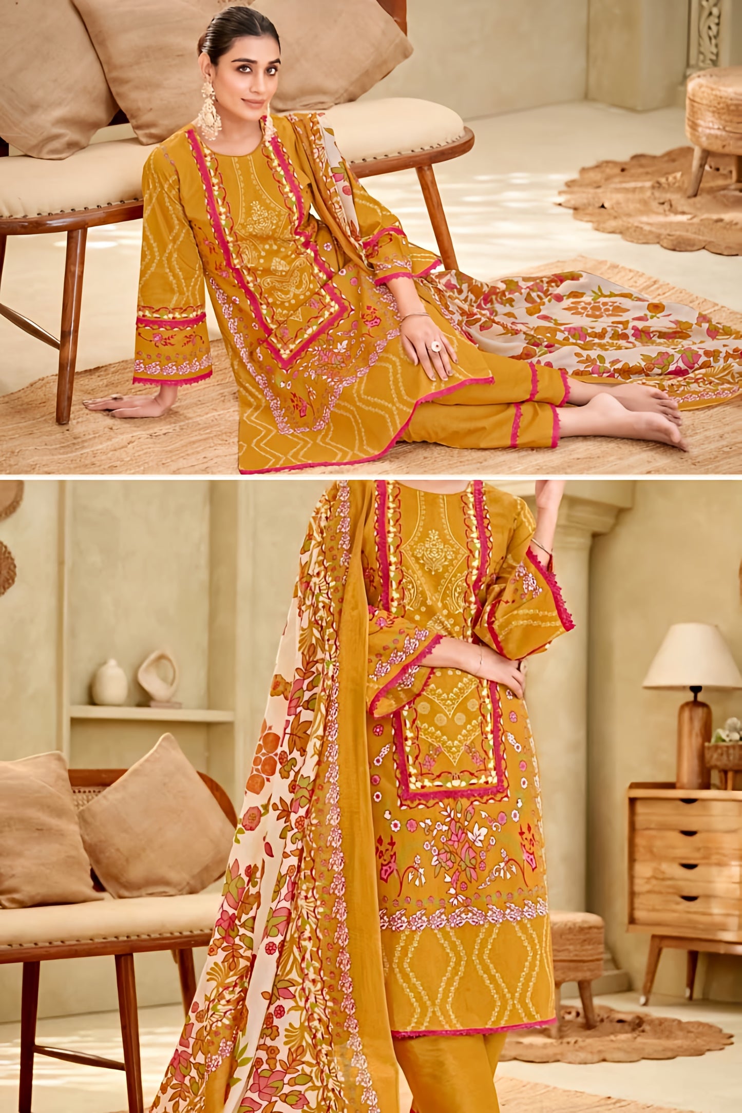 Zohra Mustard Blossom Unstitched Pakistani Suit Set
