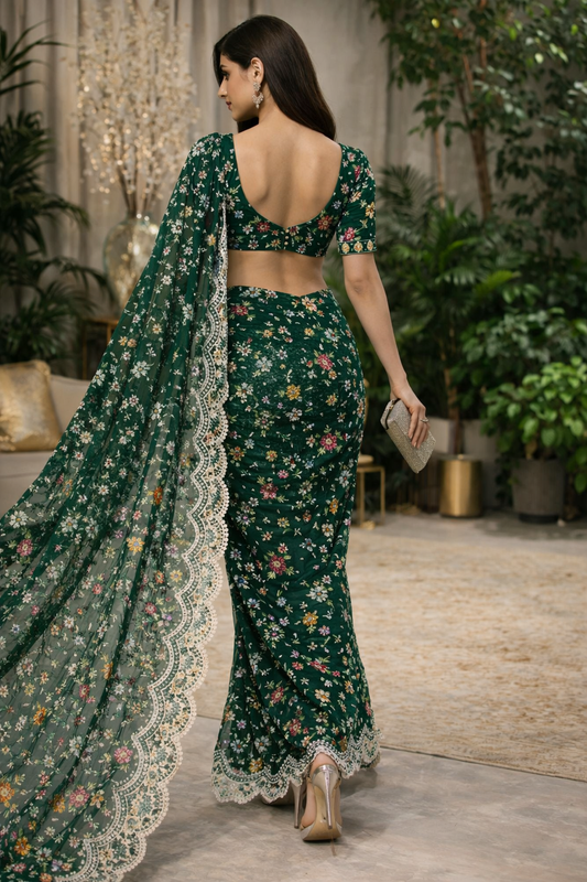 Midnight Garden Embroidered Net Saree