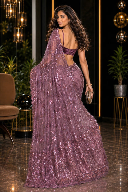 Rosewood Plum Luxe Net Saree